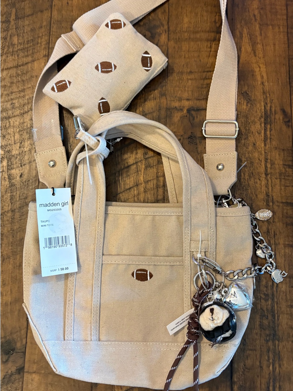Madden Girl Tan Canvas Crossbody Bag with Chain Charm NWTs